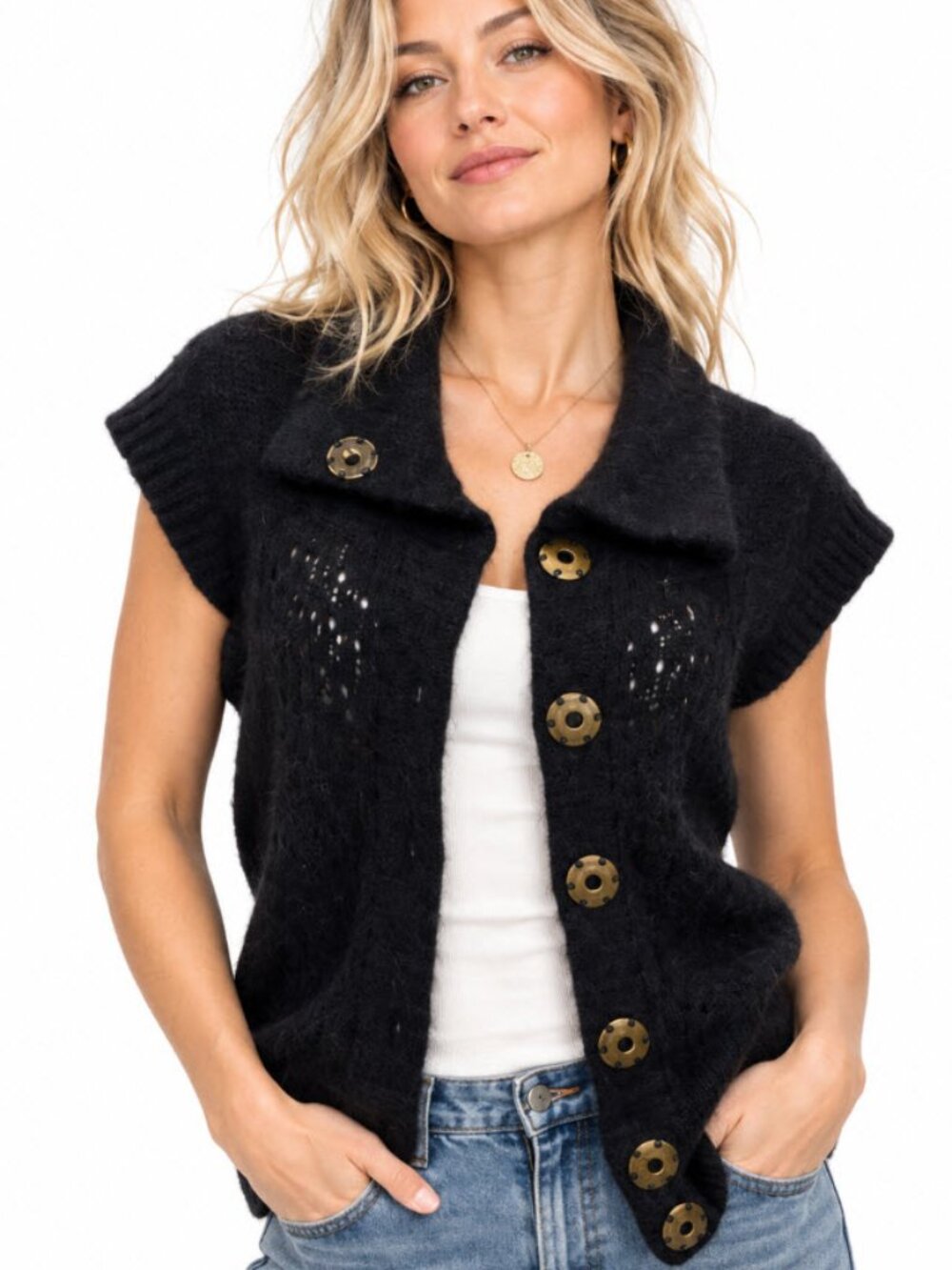 Free People Black Fuzzy Angora Lambswool Button Cardigan Vest XS Cozy Preppy